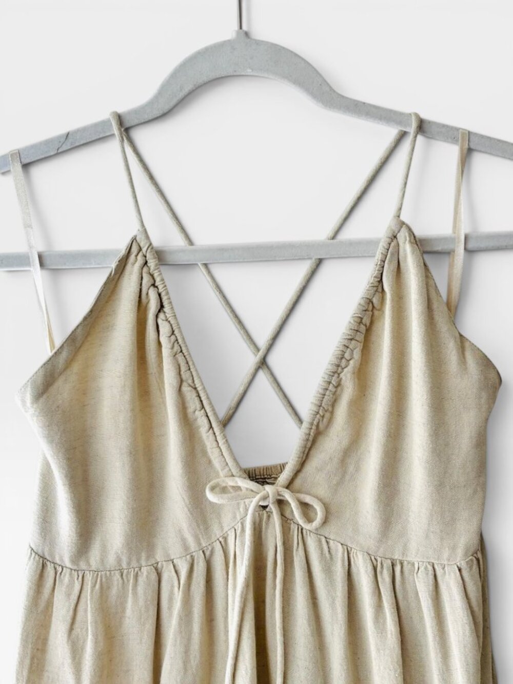 Sim & Sam Beige Linen Blend Boho Maxi Dress Crisscross Back Size Medium - Picture 4 of 13